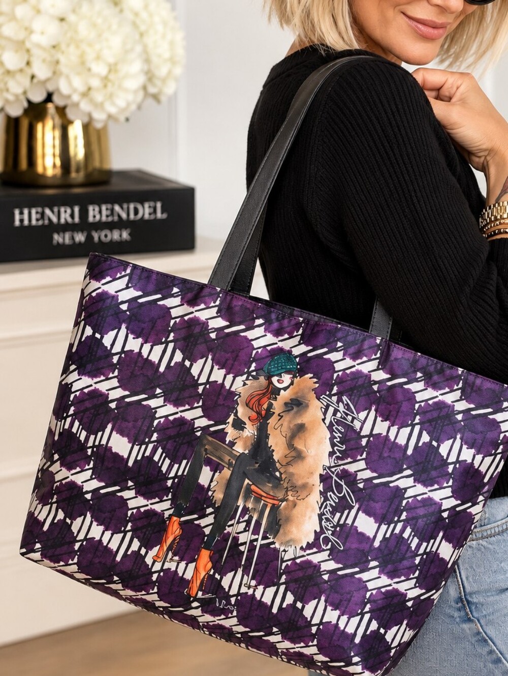 Henri Bendel NYC Fashion Illustration Purple Graphic Tote Shopper Bag